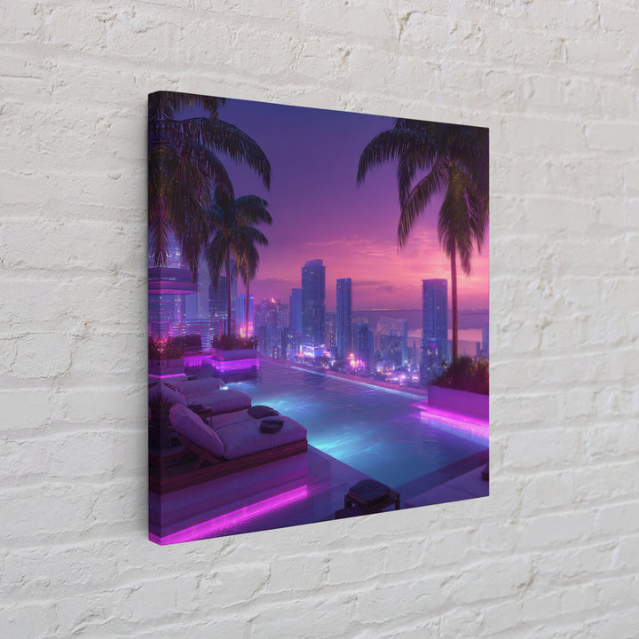 Neon City Rooftop Pool At Dusk Wall Art, Futuristic Skyline Canvas Print For Modern Apartment Decor And Gaming Room