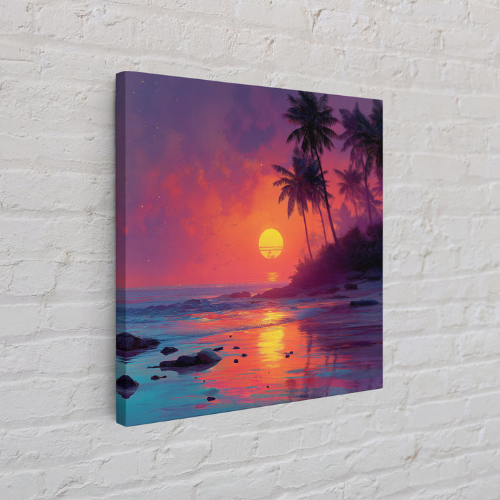 Vibrant Tropical Sunset Beach Wall Art, Colorful Palm Tree Ocean Canvas Print, Coastal Decor, Relaxing Summer Seascape