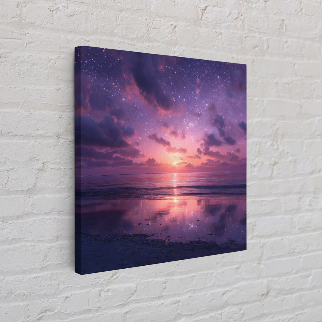 Dreamy Starlit Ocean Sunset Wall Art, Purple Night Sky Seascape Canvas Print, Calming Coastal Decor, Bedroom Artwork