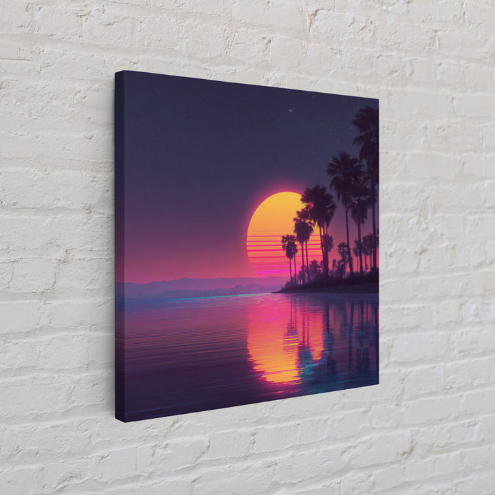 Neon Palm Tree Sunset Over Tropical Beach Wall Art, Retro Coastal Home Decor, Modern Landscape Art Print, Living Room Decor