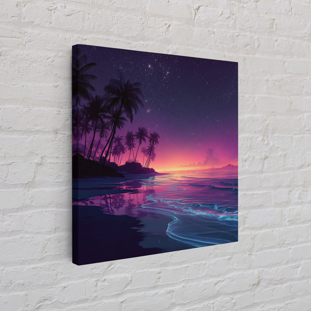 Neon Night Beach With Palm Trees Canvas Print, Dreamy Coastal Ocean Wall Art, Retro Tropical Bedroom And Living Room Decor