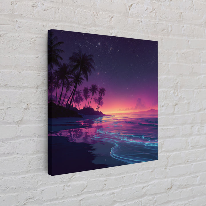 Neon Night Beach With Palm Trees Canvas Print, Dreamy Coastal Ocean Wall Art, Retro Tropical Bedroom And Living Room Decor