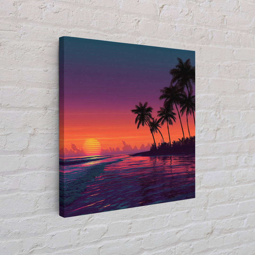 Neon Tropical Sunset Beach With Palm Trees Canvas Print, Coastal Wall Art, Colorful Ocean Art, Modern Home Decor Living Room