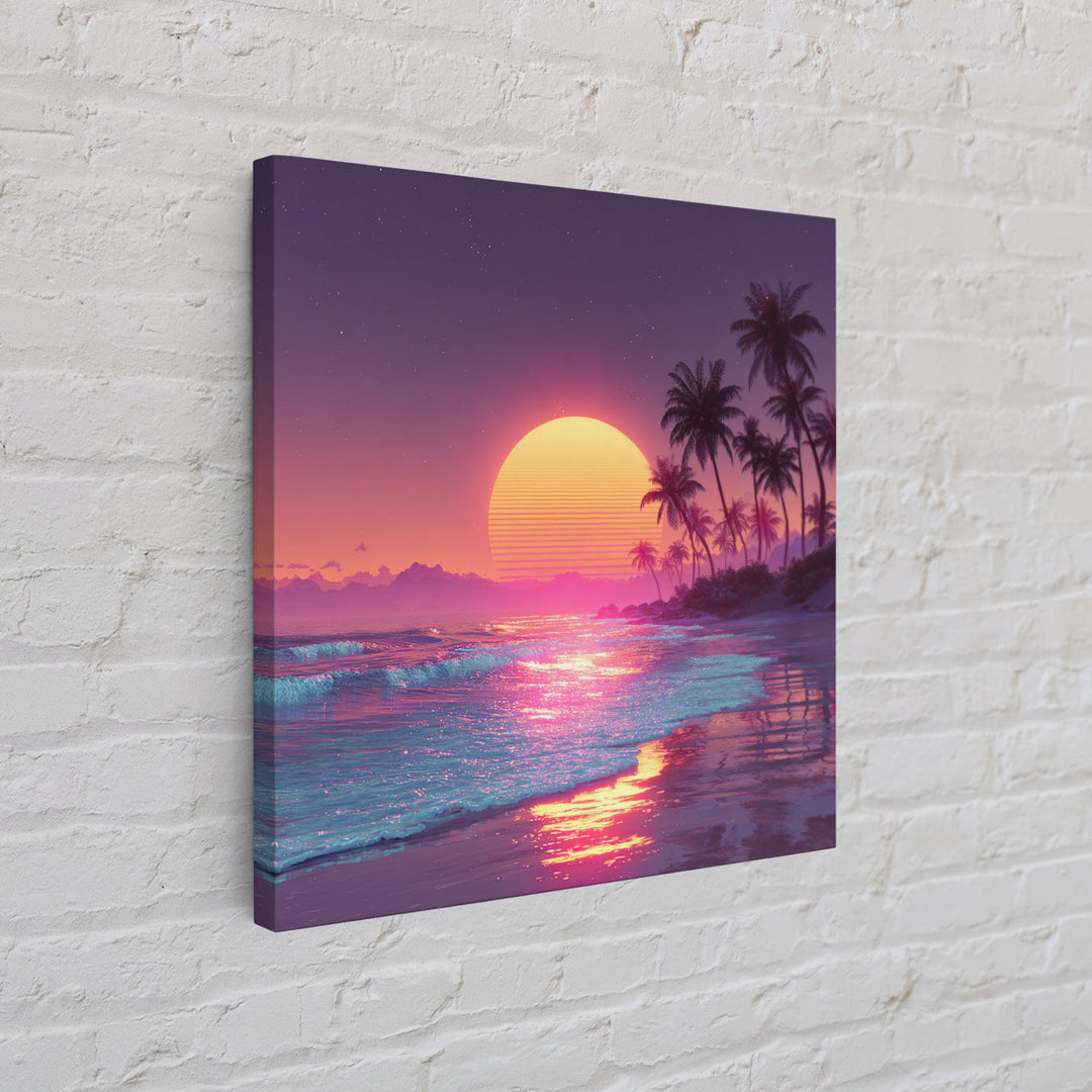 Pink Neon Beach Sunset Wall Art, Dreamy Vaporwave Ocean Canvas Print, Retro Coastal Landscape Art For Bedroom Or Living Room Decor