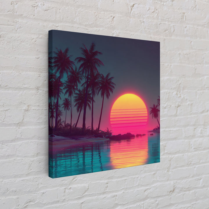 Neon Tropical Palm Trees And Retro Sunset Beach Wall Art, Vaporwave Coastal Canvas Print, Aesthetic Room Decor