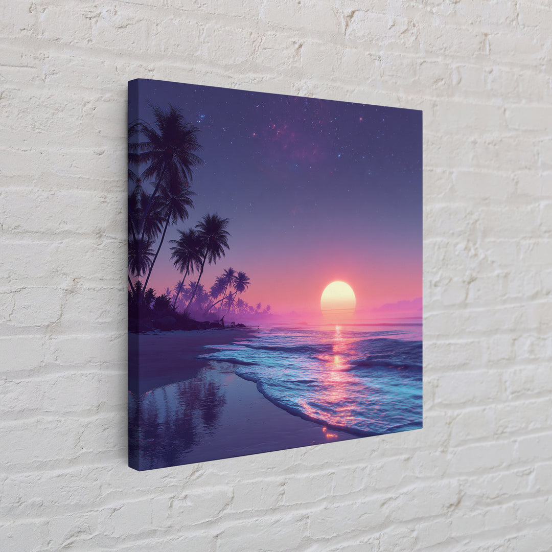 Tropical Neon Sunset Beach Wall Art, Palm Tree Coastal Landscape Print, Colorful Summer Home Decor Canvas Print