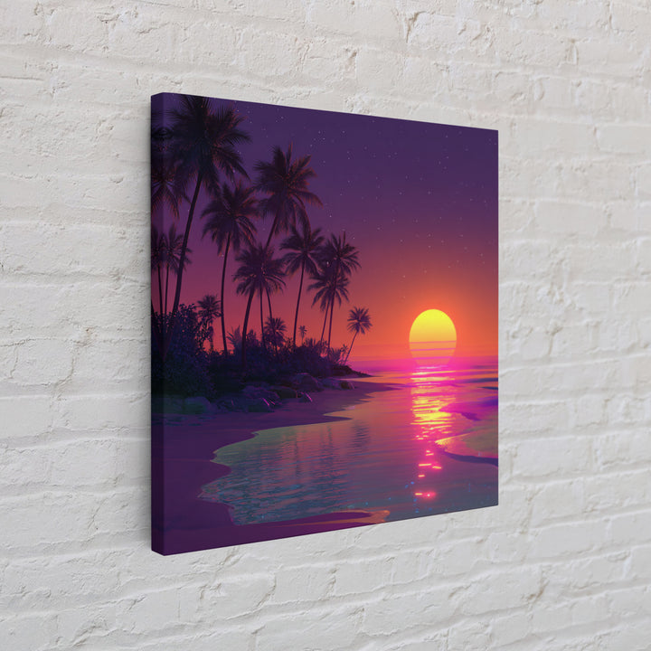 Neon Tropical Sunset Beach Wall Art, Retro Coastal Canvas Print, Summer Ocean Decor, Vibrant Modern Coastal Wall Art