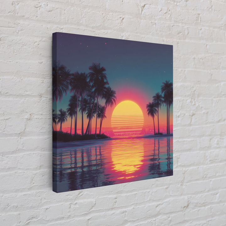 Dreamy Neon Palm Tree Sunset Beach Wall Art, Retro Coastal Landscape, Vibrant Summer Canvas Print Decor