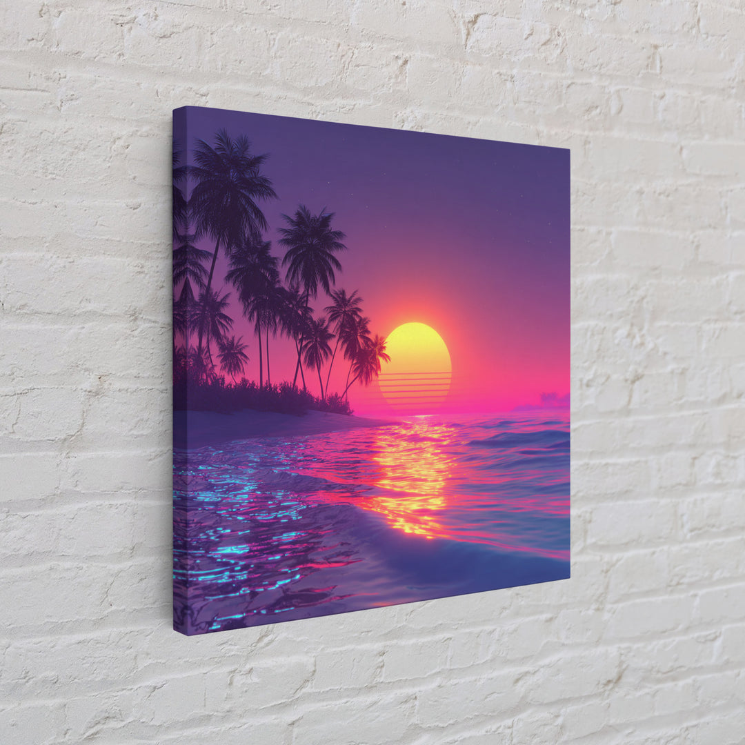 Neon Pink Beach Sunset Wall Art, Tropical Palm Tree Ocean Horizon Canvas Print, Coastal Summer Decor, Vibrant Seascape