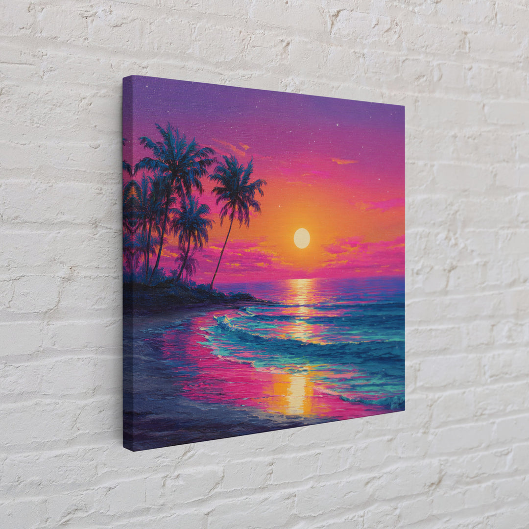 Vibrant Moonrise Beach Canvas Print, Colorful Tropical Ocean Wall Art, Coastal Sunset Painting For Bedroom Or Beach House