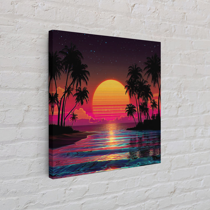 Neon Tropical Sunset Beach With Palm Trees Wall Art, Retro Coastal Print, Vibrant Summer Home Decor, Modern Canvas Print