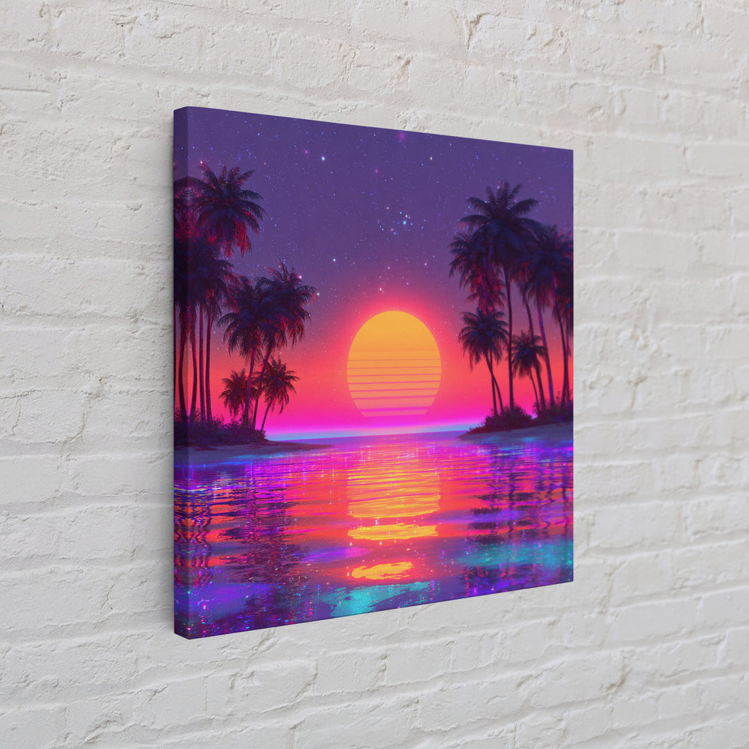 Vibrant Neon Tropical Sunset Beach Wall Art, Retro Wave Palm Landscape Canvas Print, Colorful Coastal Room Decor