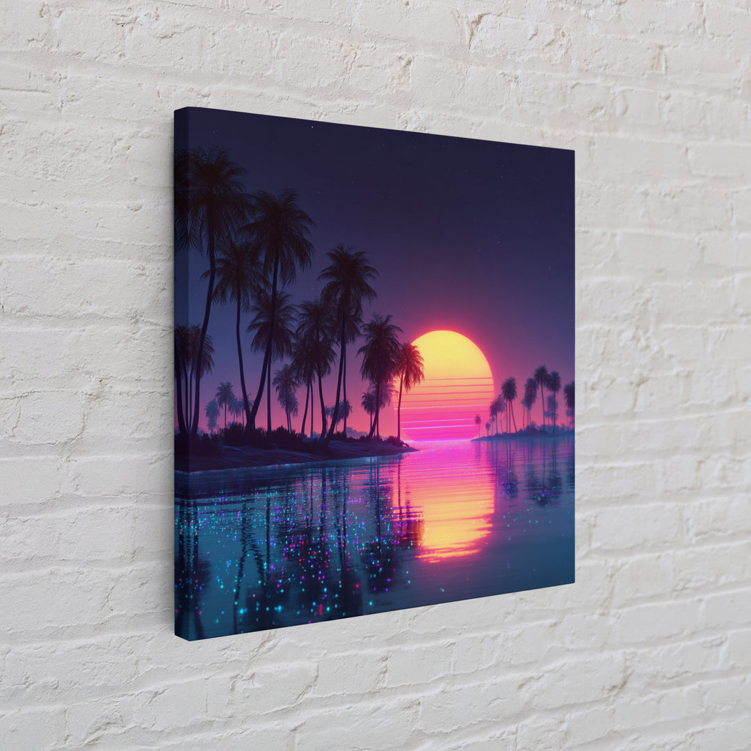 Sparkling Lagoon Neon Sunset With Palm Trees Wall Art, Retro Tropical Home Decor, Colorful Coastal Canvas Print