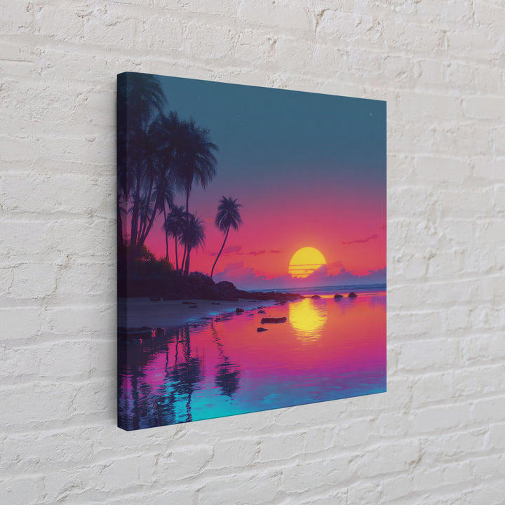 Neon Tropical Sunset Beach Wall Art, Vibrant Coastal Landscape Art Print, Modern Coastal Decor Canvas Print For Living Room