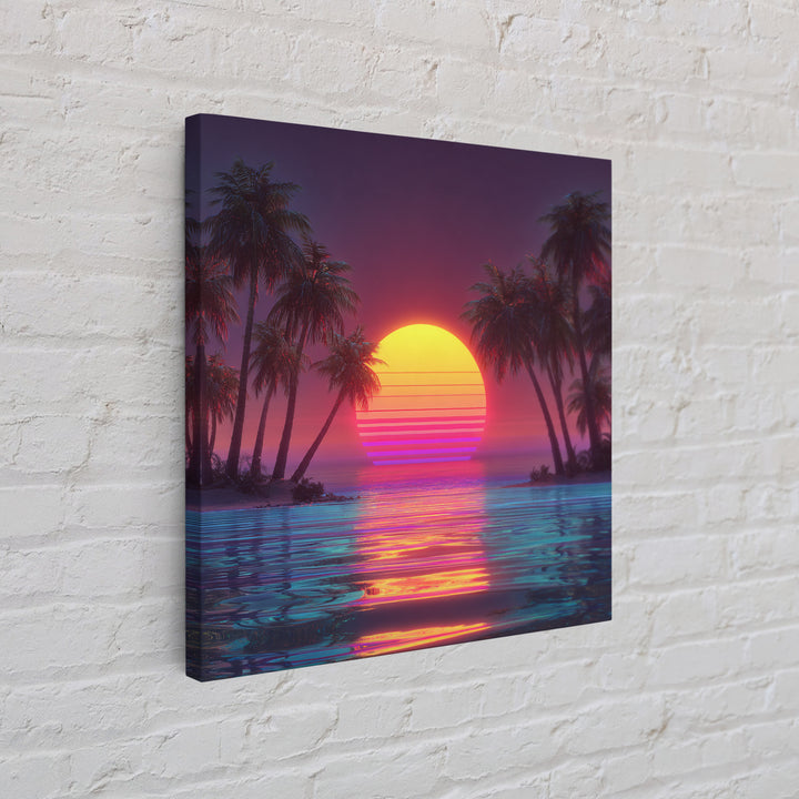 Vaporwave Tropical Sunset Beach Wall Art Canvas Print, Neon Coastal Landscape For Gaming Room And Modern Home Decor