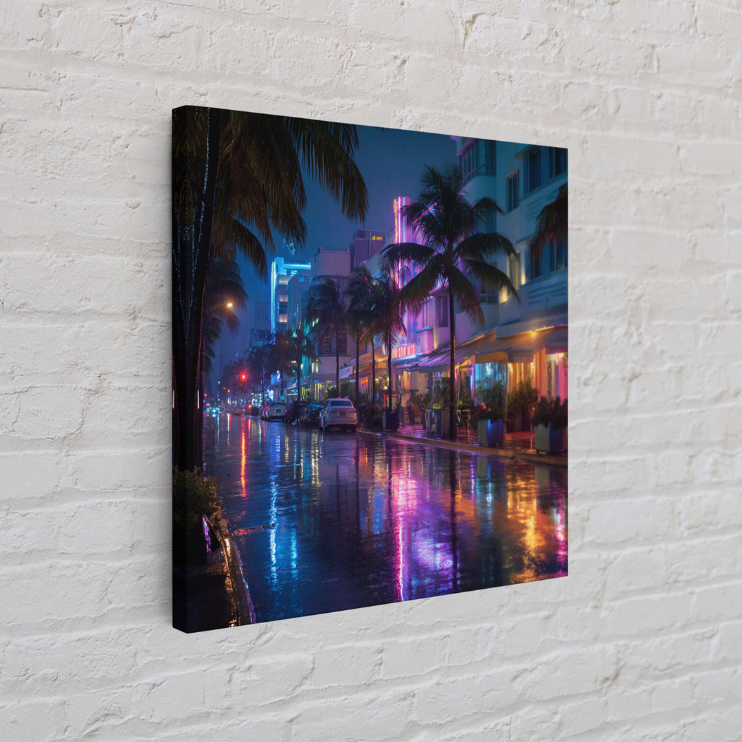 Neon Rainy City Street At Night Wall Art, Colorful Modern Urban Photography Print, Living Room Decor, Large Canvas Print
