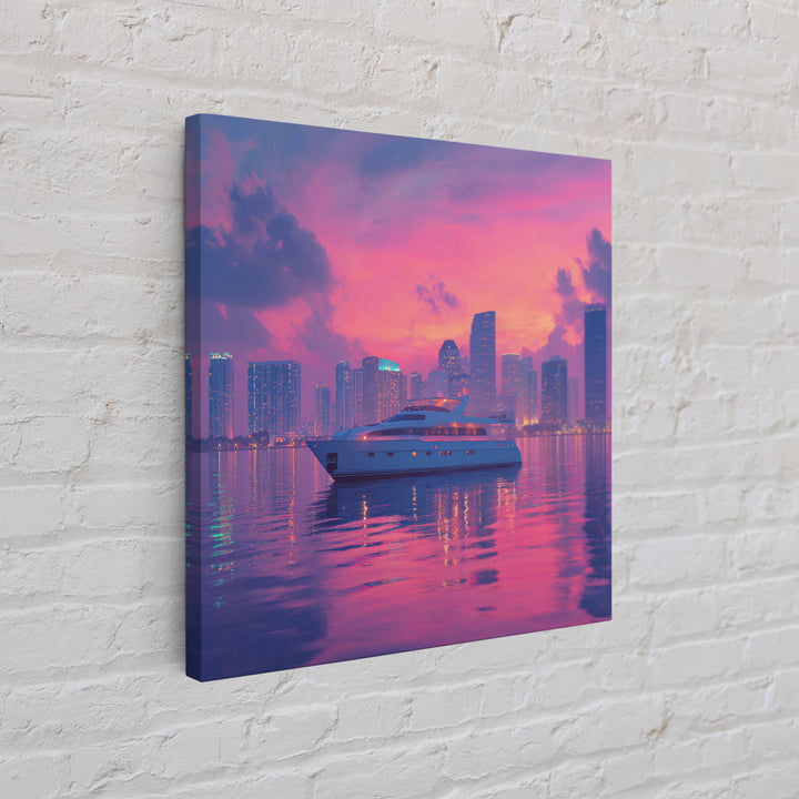 Luxury Yacht City Skyline At Sunset Wall Art, Modern Coastal Cityscape Canvas Print, Pink Sky Nautical Decor For Office Or Living Room