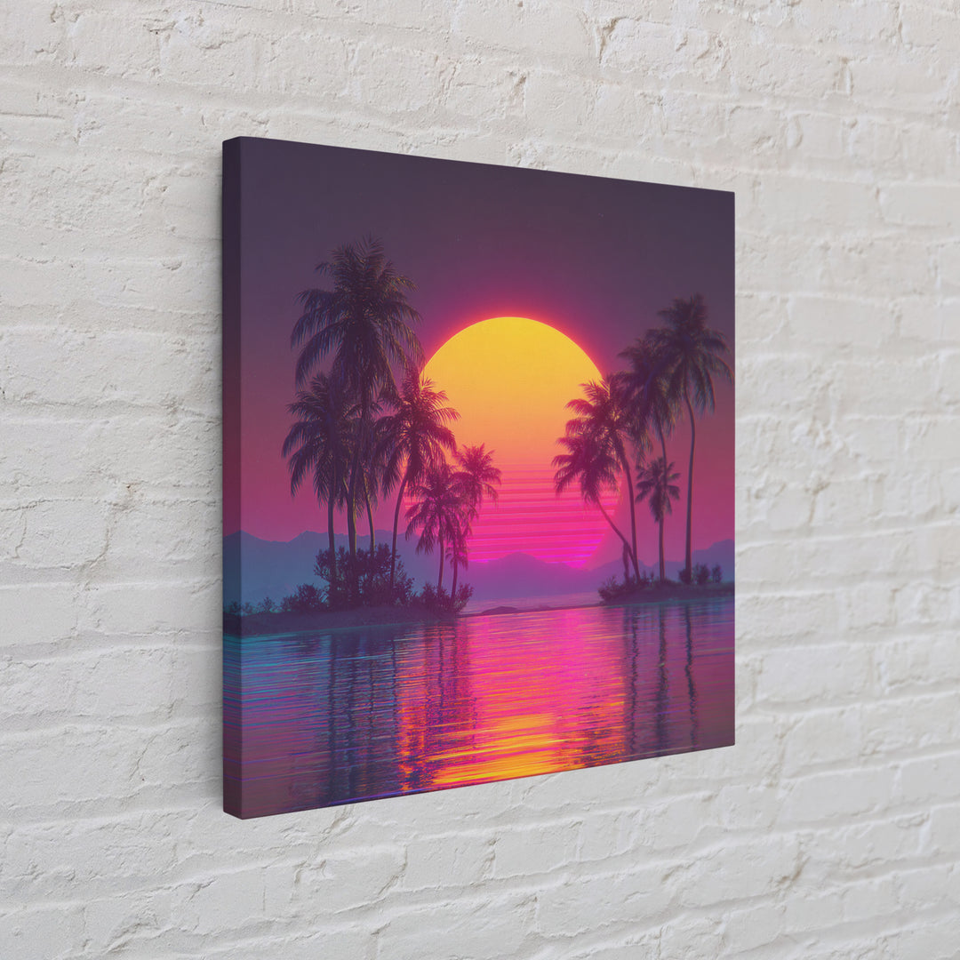 Neon Tropical Island Sunset Wall Art, Retro Synthwave Beach Landscape, Vibrant Coastal Decor, Modern Living Room Canvas Print