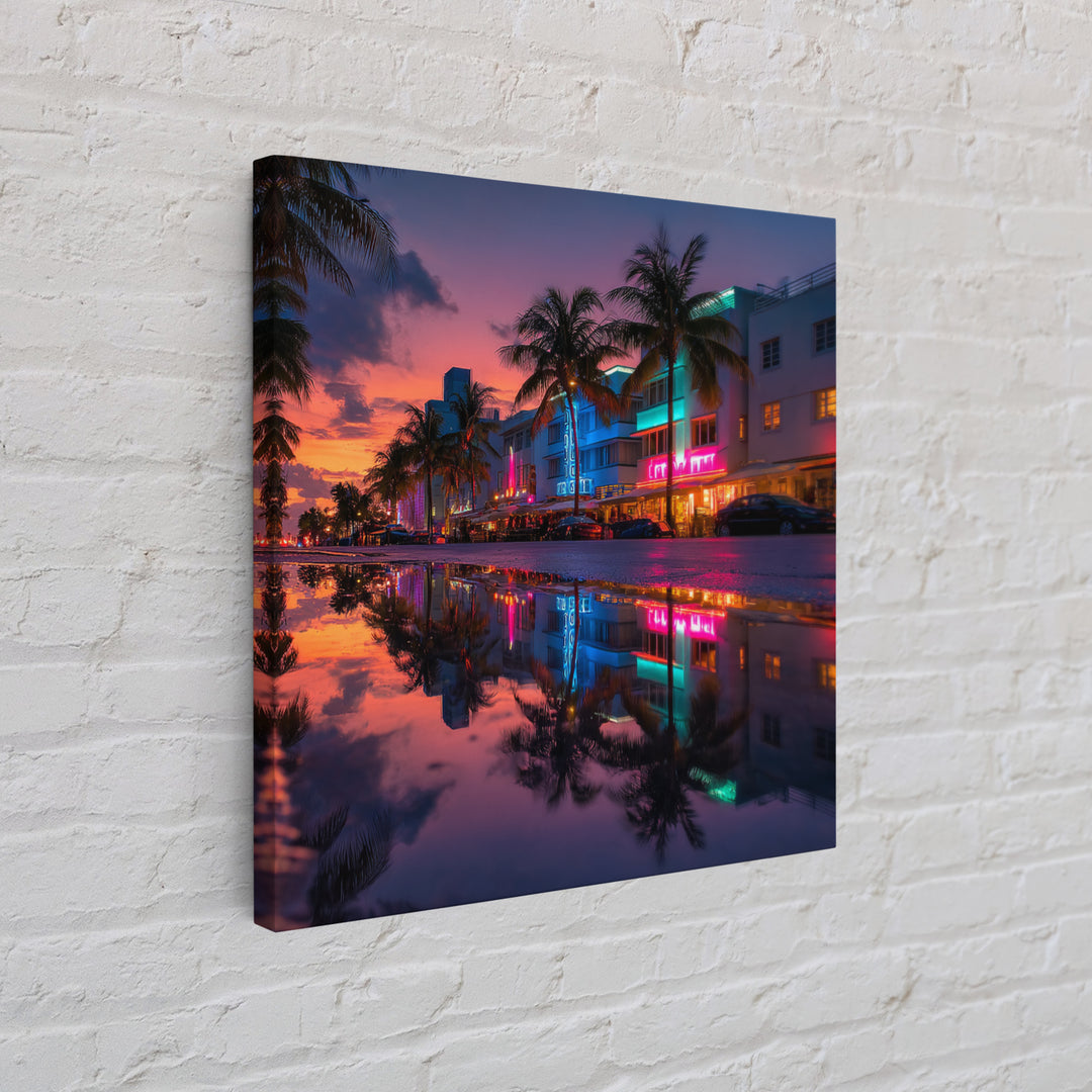 Miami Neon Night Cityscape Wall Art, Colorful South Beach Photography Print, Modern Urban Wall Decor Framed Canvas Print