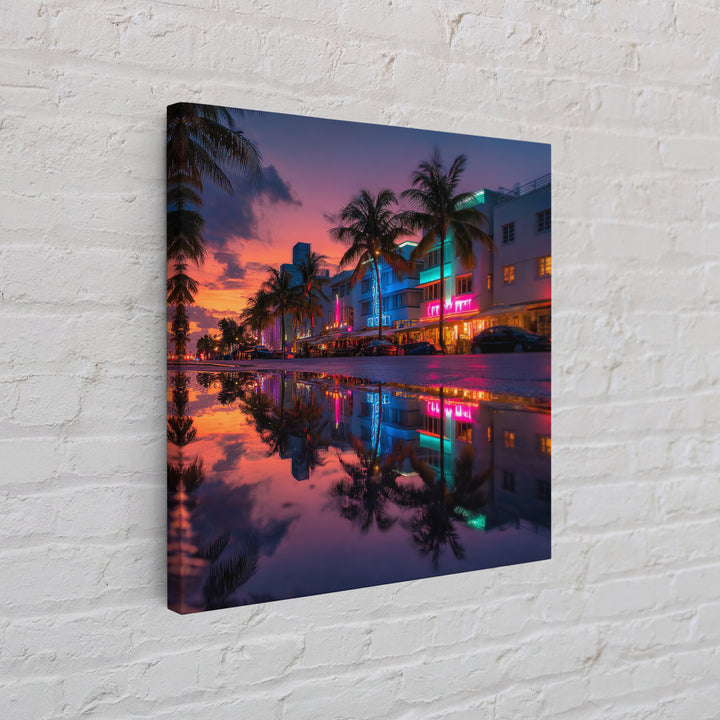 Miami Neon Night Cityscape Wall Art, Colorful South Beach Photography Print, Modern Urban Wall Decor Framed Canvas Print