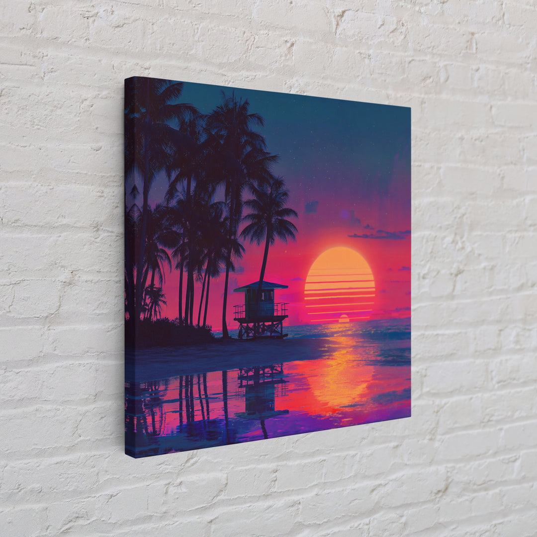 Tropical Neon Sunset Beach Canvas Print, Retro Coastal Wall Art, Palm Tree Ocean Decor Vibrant Living Room Wall Art