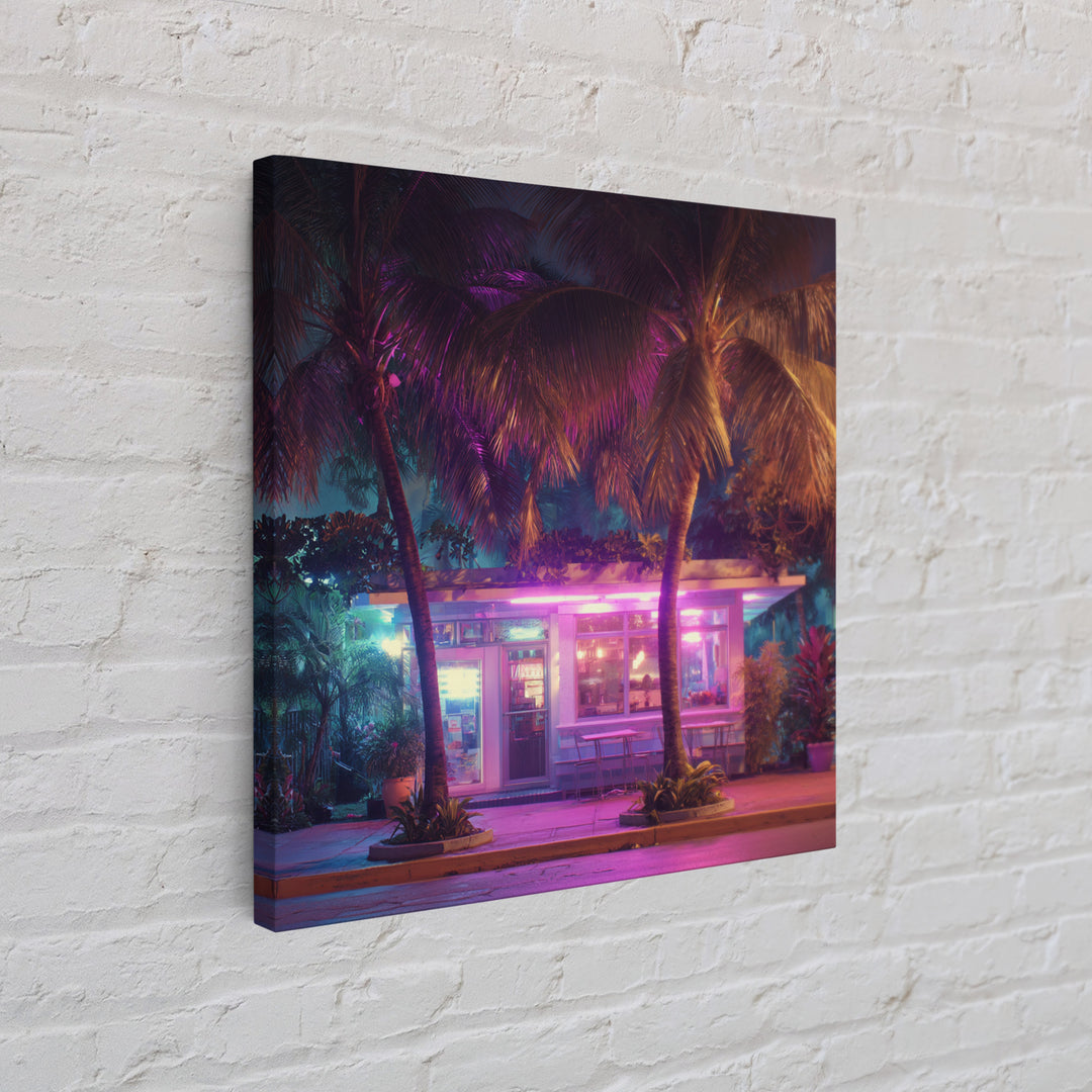 Neon Palm Tree Diner Night Scene Wall Art, Retro Tropical City Photography Canvas Print For Modern Urban Home Decor