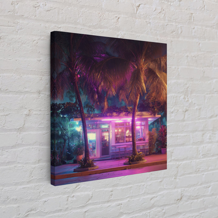 Neon Palm Tree Diner Night Scene Wall Art, Retro Tropical City Photography Canvas Print For Modern Urban Home Decor