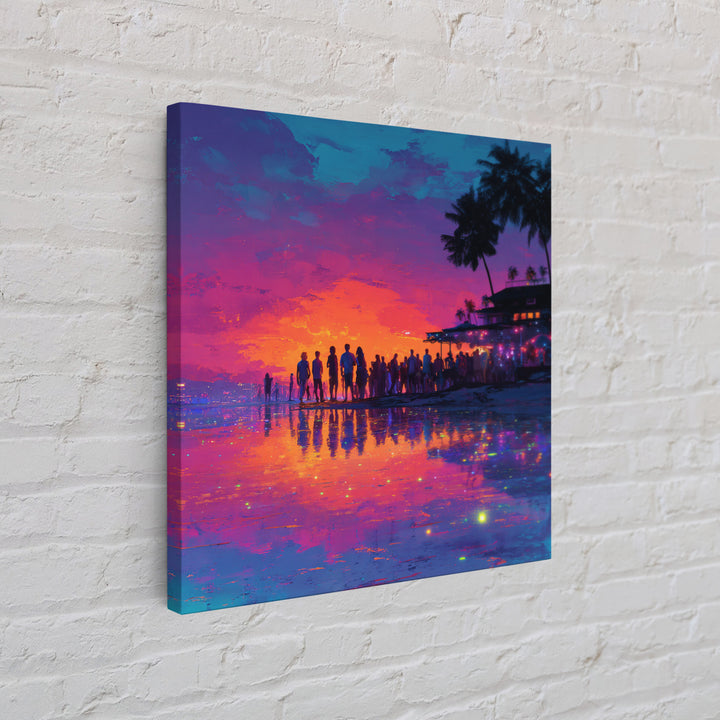 Neon Beach Sunset Party Wall Art, Colorful Coastal Canvas Print, Retro Futuristic Ocean Art, Summer Vibes Living Room Decor