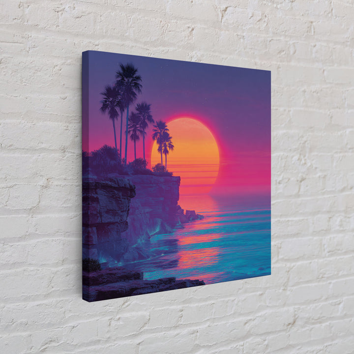 Neon Tropical Sunset Cliff Wall Art, Retro Coastal Ocean Canvas Print For Modern Coastal Decor And Vibrant Living Room