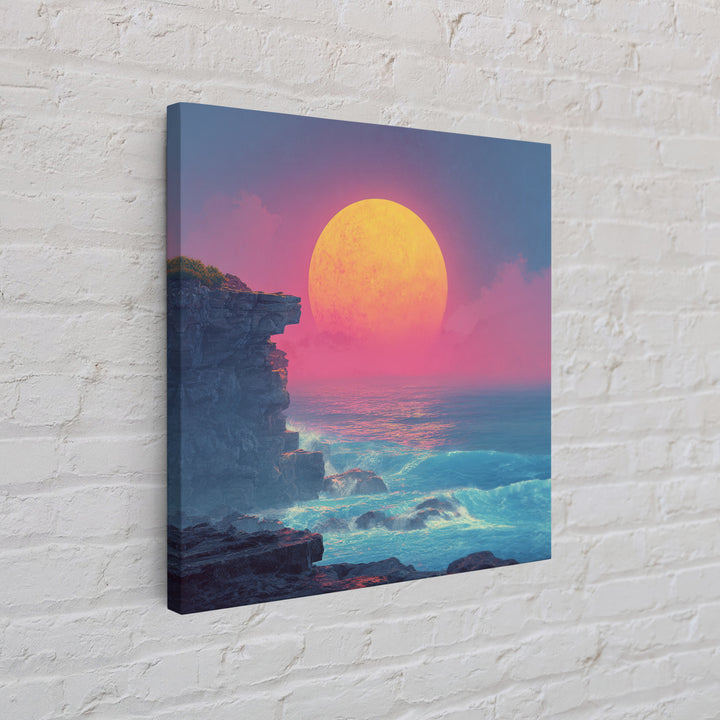Surreal Neon Moon Over Ocean Cliff Painting Wall Art, Colorful Fantasy Seascape Print, Modern Coastal Abstract Decor