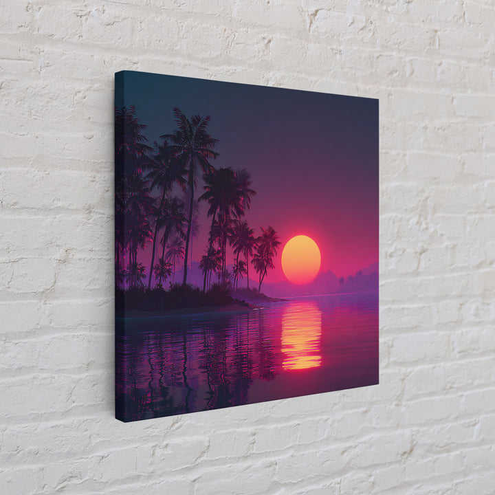 Neon Tropical Sunset Palm Tree Beach Wall Art, Vibrant Retro Coastal Landscape Canvas Print Home Decor