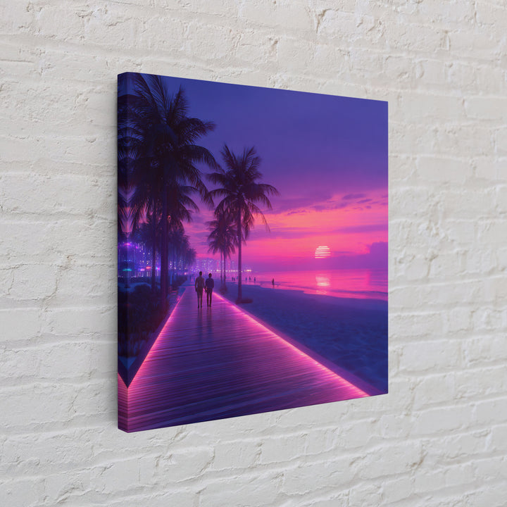 Neon Pink Boardwalk Beach Sunset Wall Art Retro Coastal Vibes Colorful Modern Home Decor Large Canvas Print Living Room Wall Art