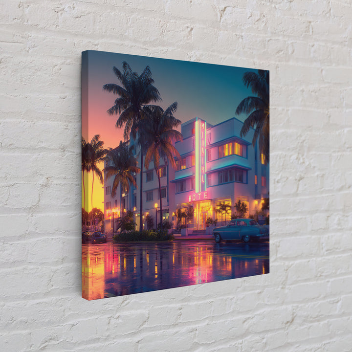 Miami Art Deco Hotel Night Cityscape Wall Art, Neon Coastal Canvas Print, Retro Urban Home Decor For Living Room