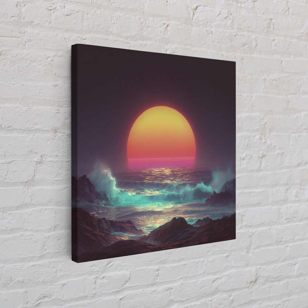 Vibrant Neon Ocean Sunset Waves Night Sky Wall Art Canvas Print Modern Coastal Decor Beach House Living Room Wall Art