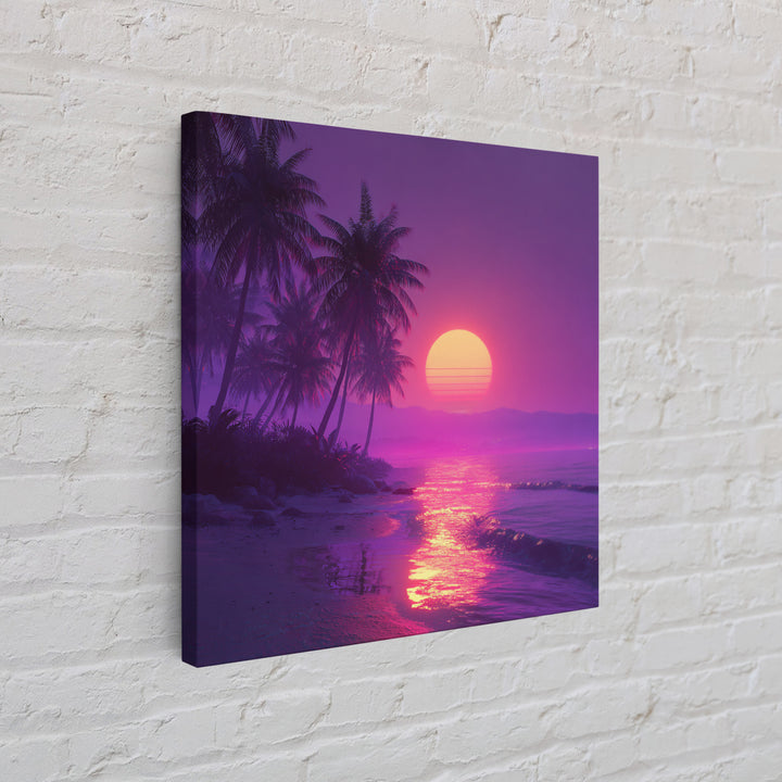 Neon Tropical Beach Sunset Wall Art, Vaporwave Palm Trees Canvas Print, Coastal Retro Ocean Art For Bedroom Or Living Room Decor