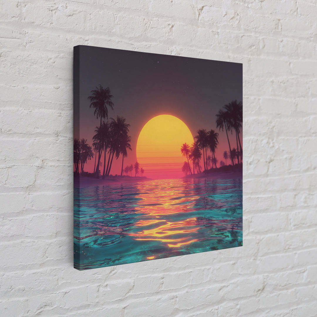 Neon Sunset Palm Beach Wall Art For Coastal Home Decor, Retro Tropical Ocean Canvas Print, Modern Coastal Wall Art