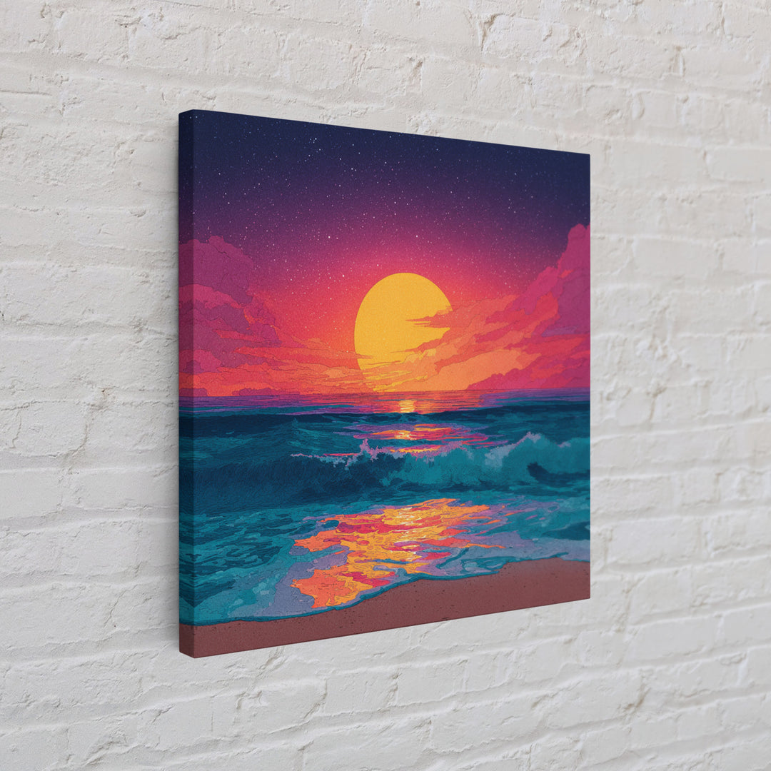 Colorful Ocean Sunset Waves Wall Art, Retro Beach Canvas Print, Modern Coastal Decor, Vibrant Seascape Living Room Art