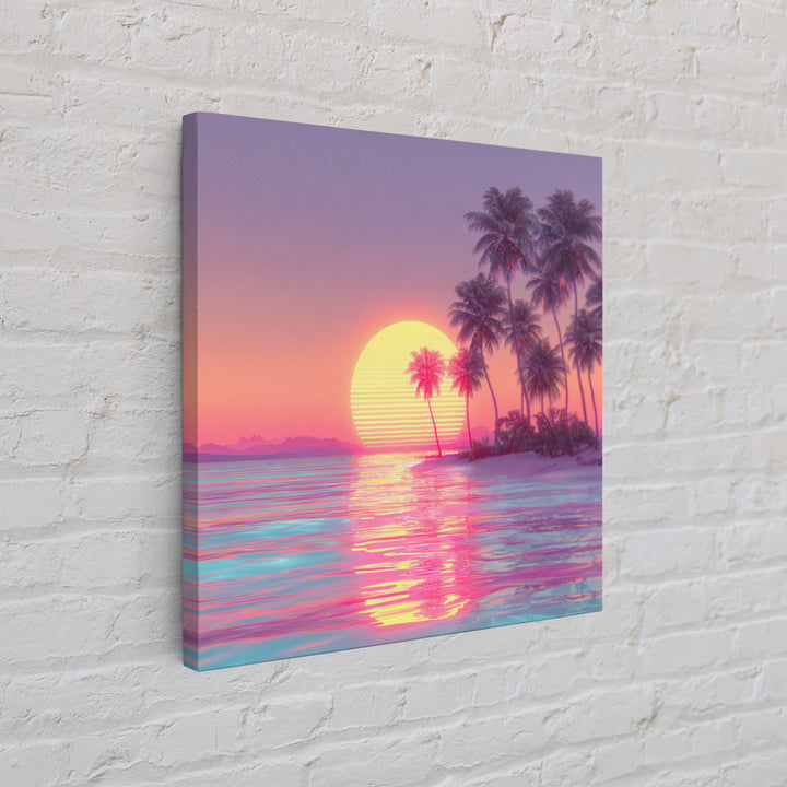 Dreamy Tropical Palm Trees Pink Sunset Beach Canvas Print, Coastal Wall Art, Vaporwave Ocean Decor, Pastel Summer Poster