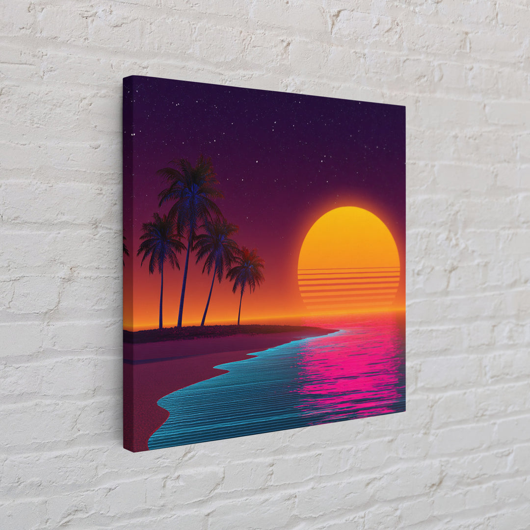 Neon Island Sunset Palm Tree Canvas Print, Retro Tropical Beach Wall Art, Bold Synthwave Coastal Decor, Colorful Bedroom Wall Art