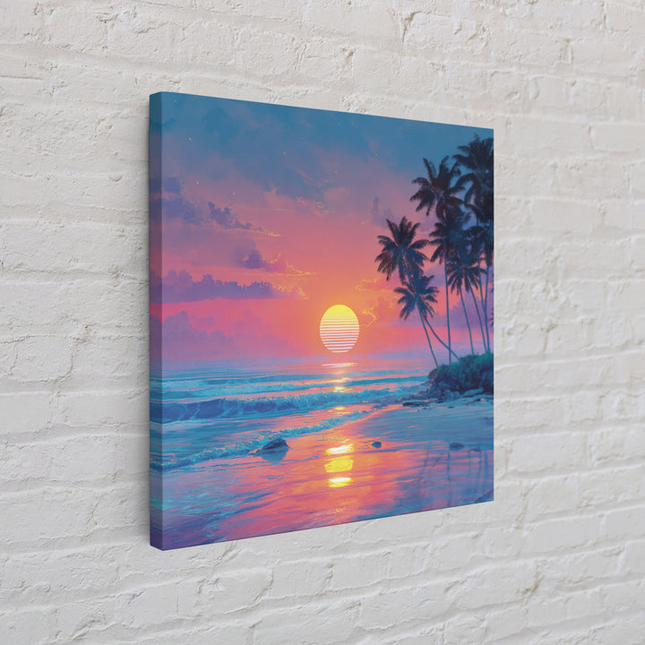 Dreamy Tropical Beach Sunset With Palms Wall Art, Pastel Coastal Canvas Print For Relaxing Modern Home Decor
