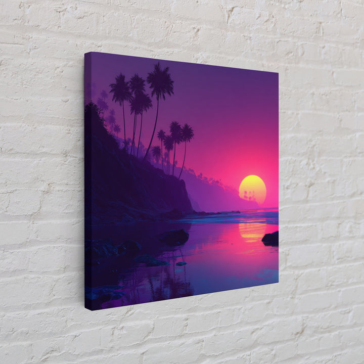Neon Sunset Tropical Beach Wall Art, Vibrant Palm Tree Coastal Canvas Print For Modern Coastal Home And Bedroom Decor