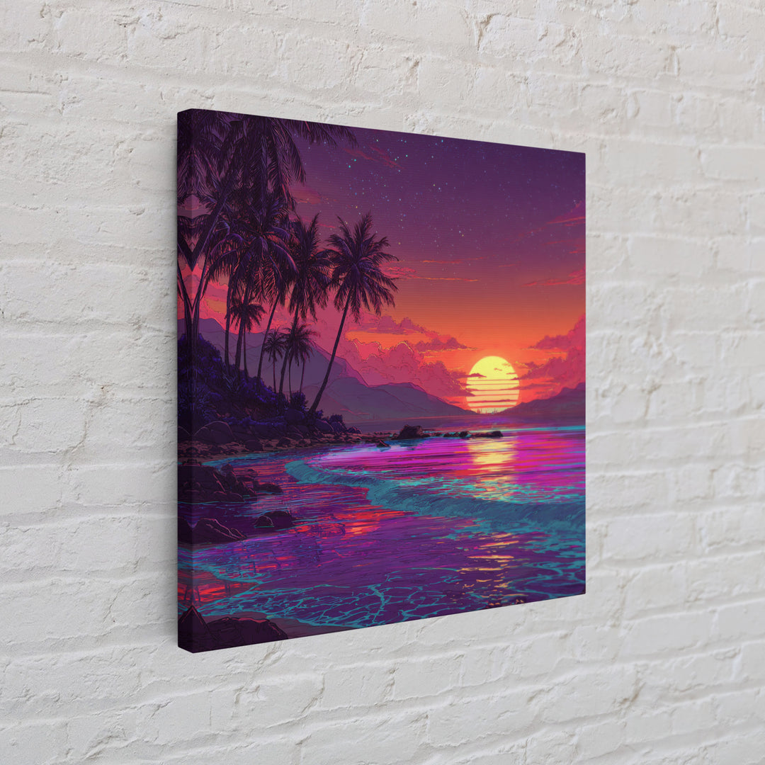 Neon Tropical Beach Sunset Wall Art, Vibrant Ocean Landscape Canvas Print, Retro Coastal Decor, Modern Living Room Wall Decor
