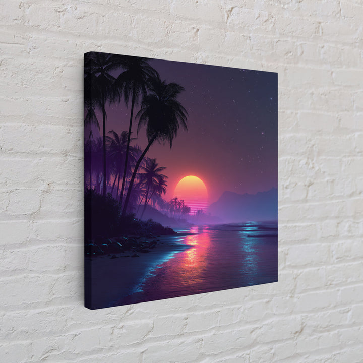 Neon Tropical Beach Sunset Wall Art, Retro Coastal Palm Tree Canvas Print, Vibrant Ocean Night Sky Home Decor