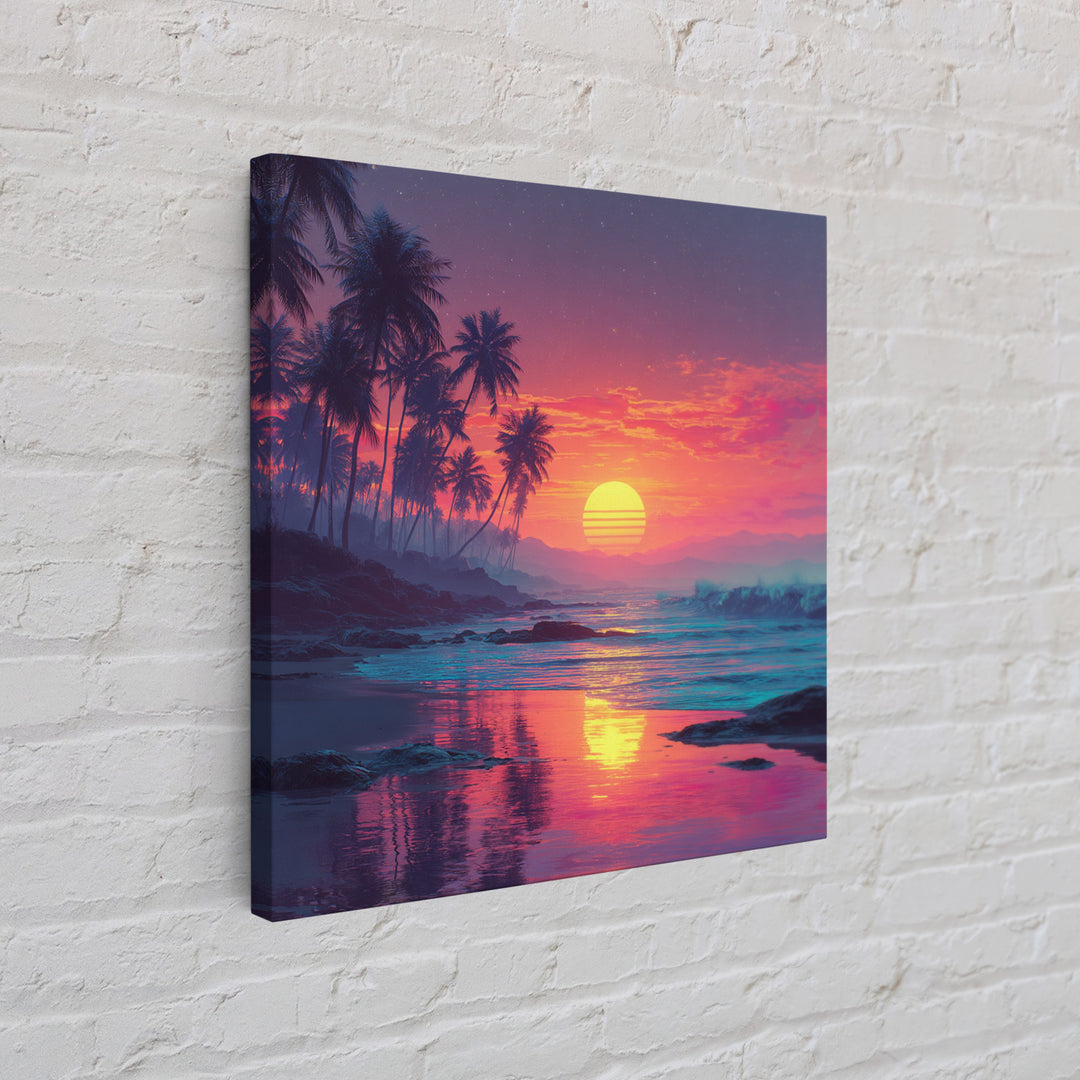 Tropical Pink Sunset Beach Wall Art, Palm Tree Coastal Ocean Canvas Print For Modern Coastal Decor And Bedroom Wall