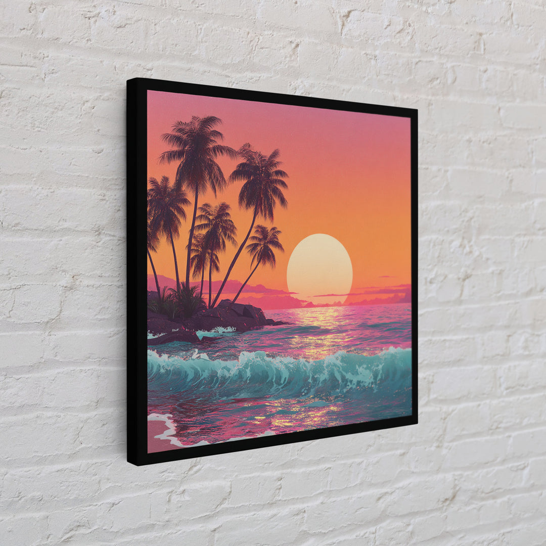 Retro Tropical Sunset Wall Art, Pink And Orange Beach Canvas Print, Aesthetic Coastal Decor For Bedroom