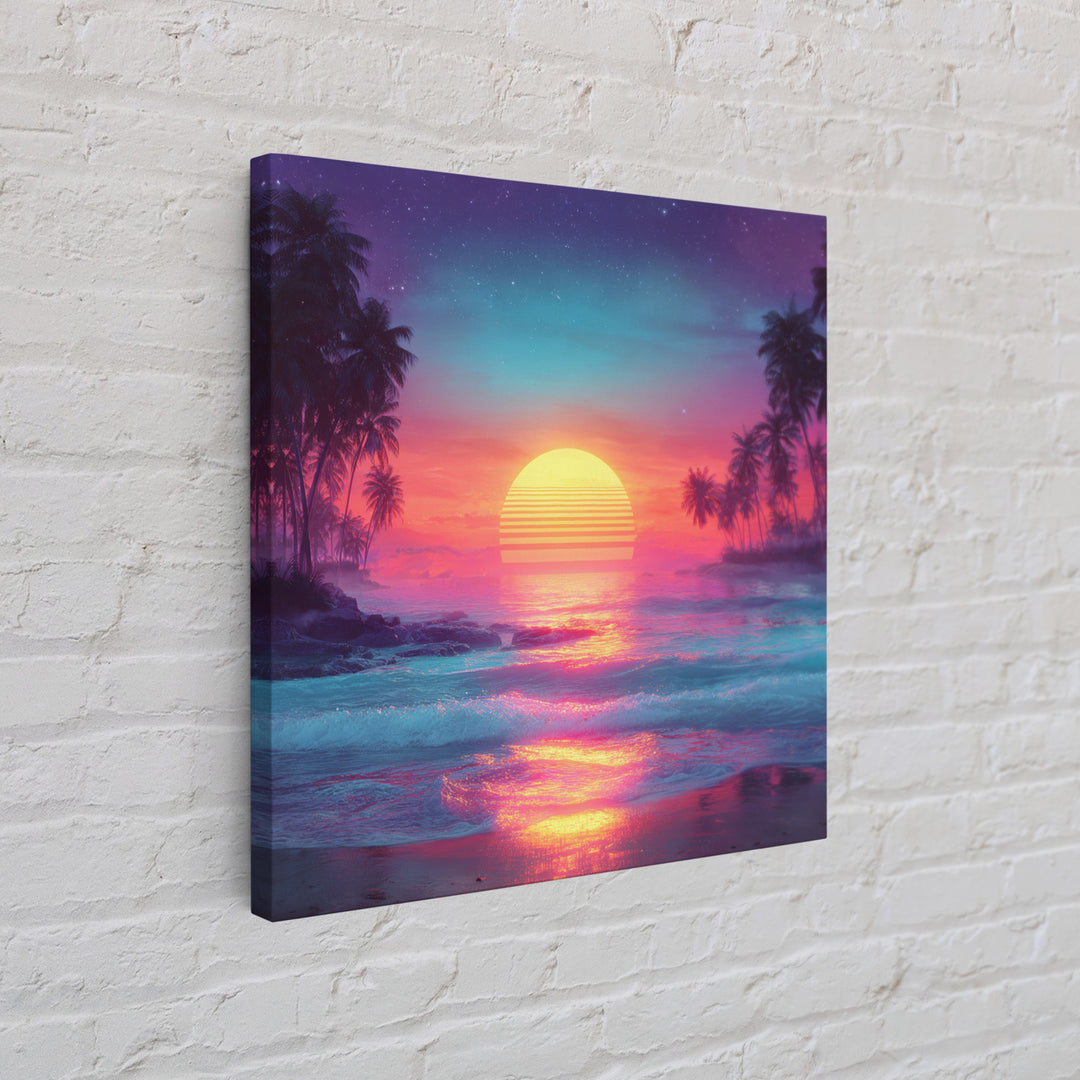 Neon Tropical Sunset Beach Wall Art, Retro Ocean Landscape Canvas Print, Coastal Home Decor, Modern Abstract Seascape