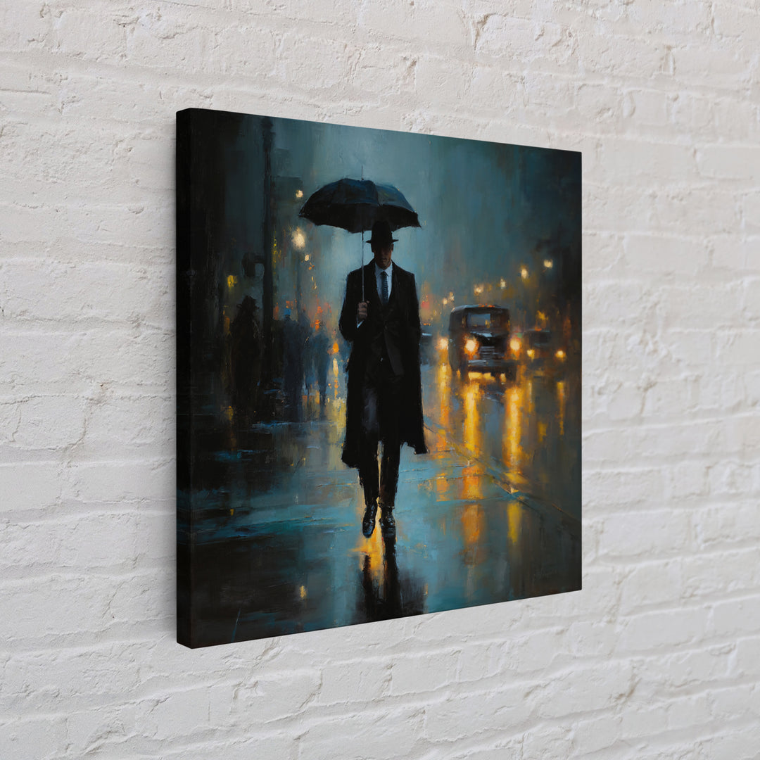Noir Gentleman With Umbrella In Rainy City Wall Art, Moody Oil Painting Print, Dark Academia Office Decor, Gift For Him