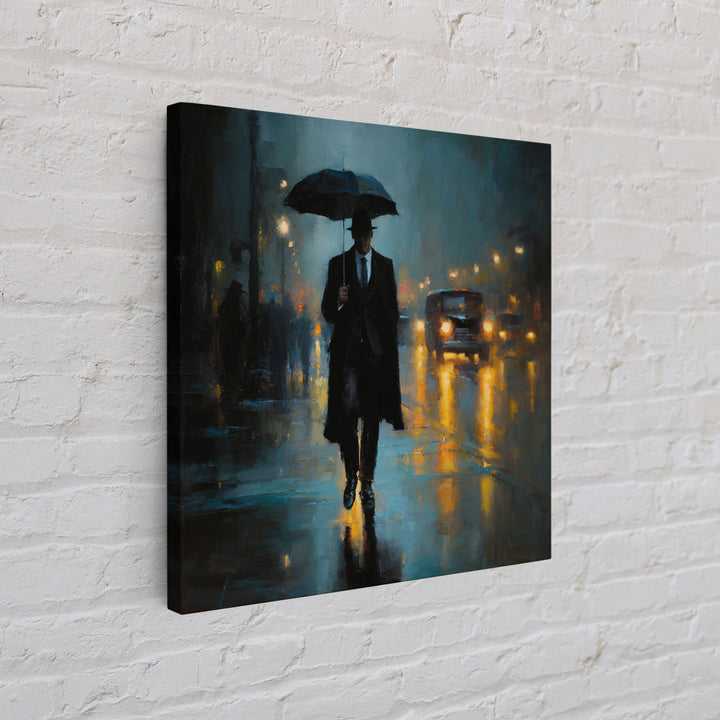 Noir Gentleman With Umbrella In Rainy City Wall Art, Moody Oil Painting Print, Dark Academia Office Decor, Gift For Him