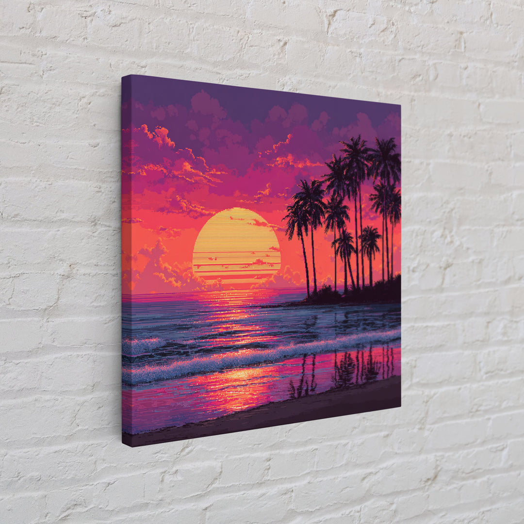 Pixel Art Tropical Sunset Beach Wall Art, Retro 8 Bit Palm Landscape Canvas Print, Colorful Gaming Room Decor
