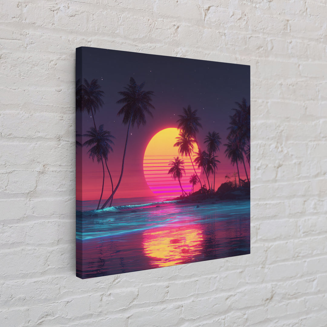 Neon Tropical Beach Sunset With Palms Wall Art, Retro Vaporwave Ocean Night Sky Canvas Print